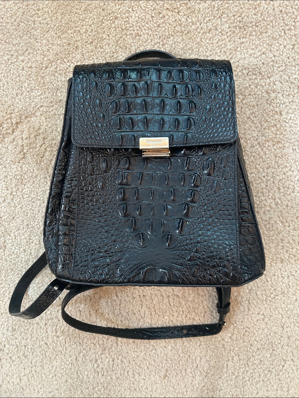 Black Croc-Embossed Leather Backpack Purse